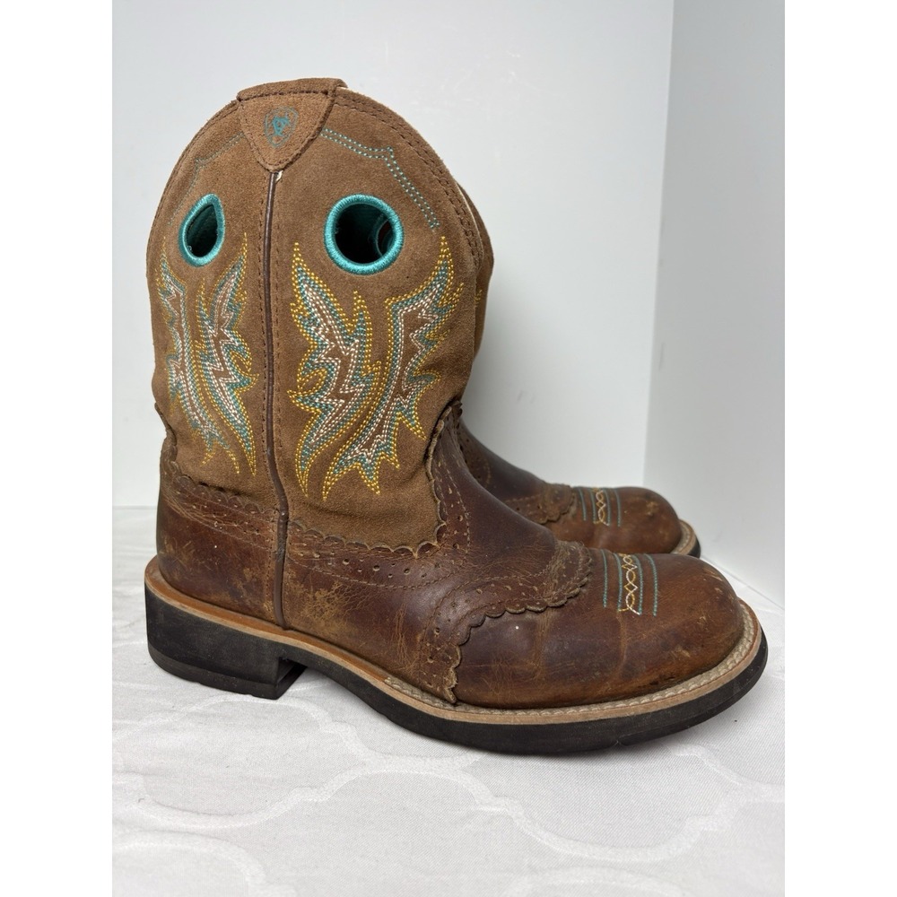 Ariat Fatbaby Boots Women Size 7.5 B Brown Teal Cowgirl Western Pull On 10010219
